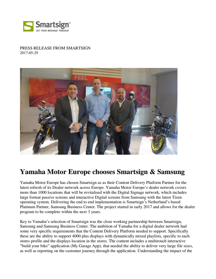 Yamaha Motor Europe chooses Smartsign & Samsung