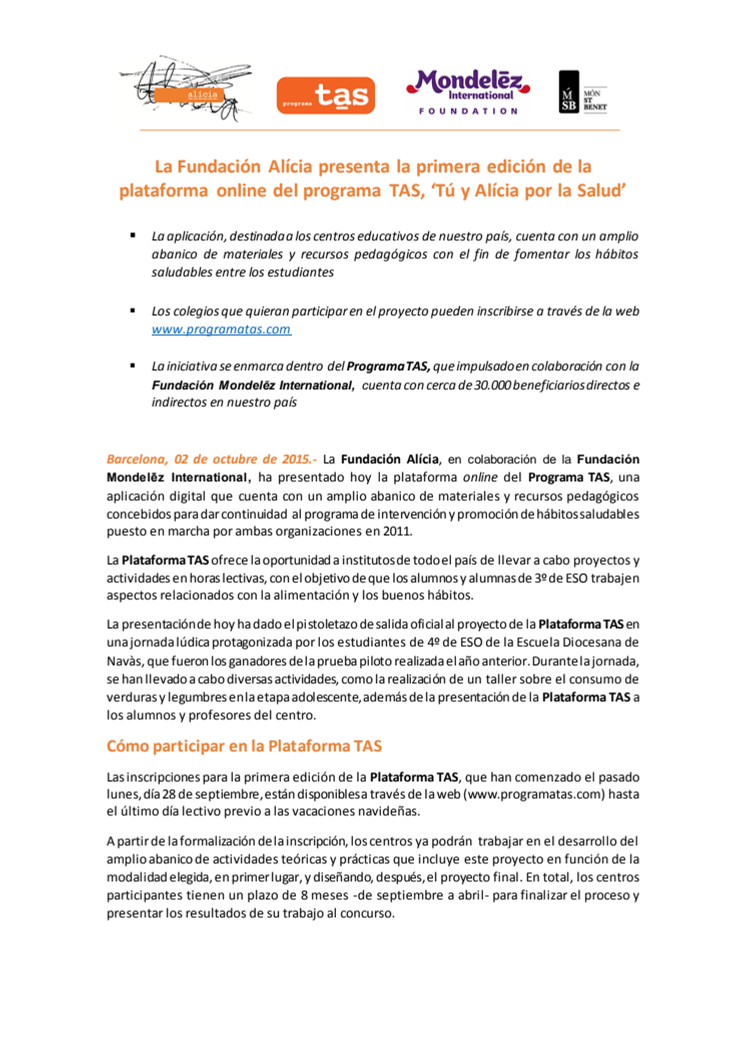 La Fundación Alícia presenta la primera edición de la plataforma online del programa TAS, ‘Tú y Alícia por la Salud’