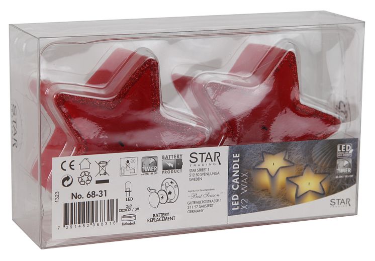 Stjärnformat batteriljus 2-pack, frilagd-röd-förpackad