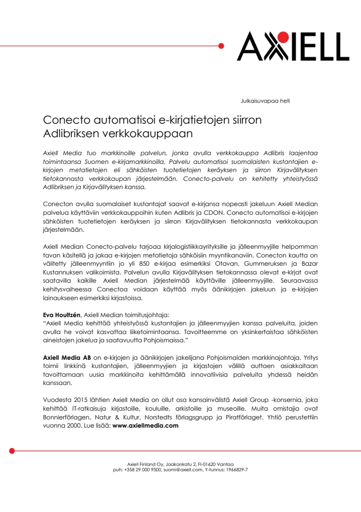 Conecto automatisoi e-kirjatietojen siirron Adlibriksen verkkokauppaan