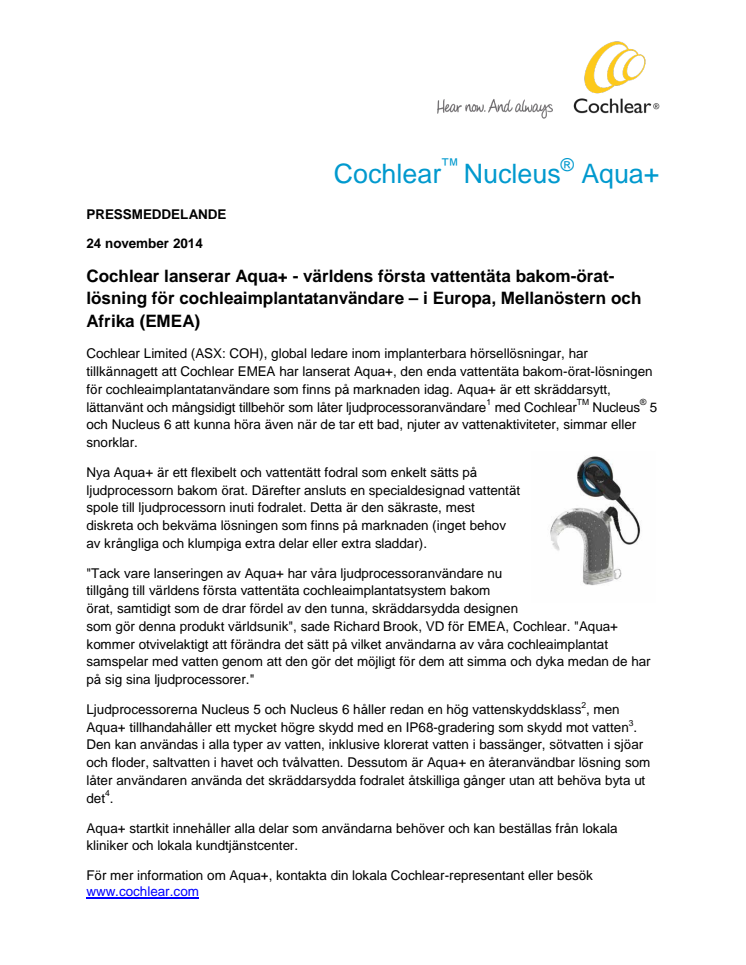 Cochlear lanserar Aqua+ - världens första vattentäta bakom-örat-lösning för cochleaimplantatanvändare