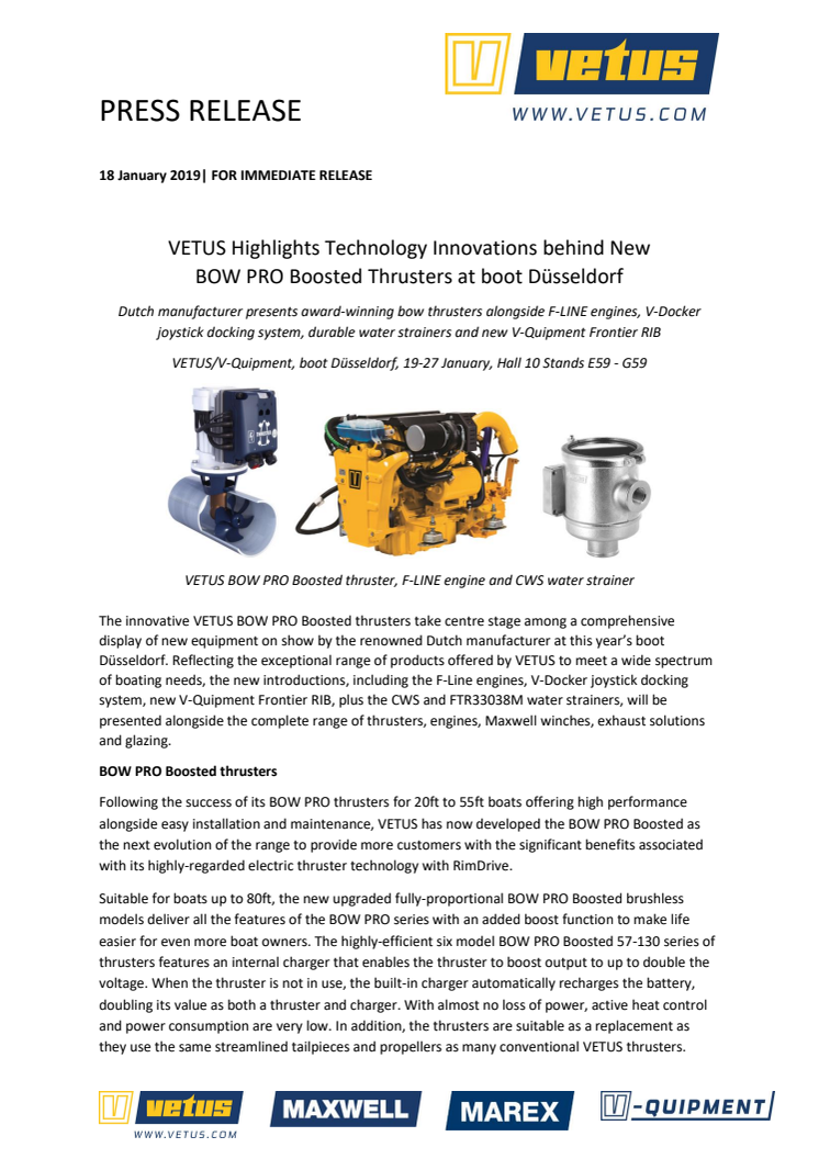 VETUS Highlights Technology Innovations behind New BOW PRO Boosted Thrusters at boot Düsseldorf