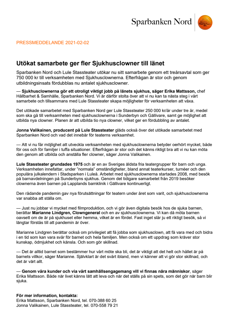 Utökat samarbete ger fler Sjukhusclowner till länet - Pressmeddelande 2021-02-02