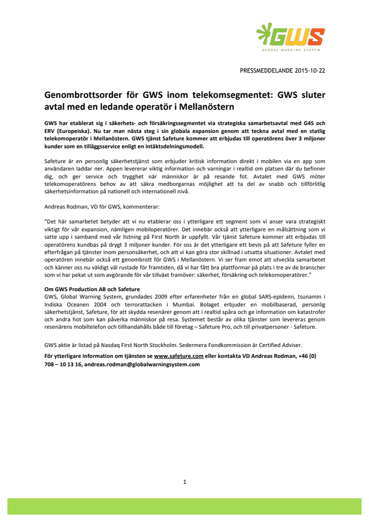Genombrottsorder för GWS inom telekomsegmentet: sluter avtal med en ledande operatör i Mellanöstern