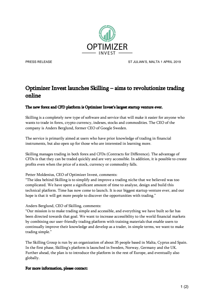 Optimizer Invest launches Skilling – aims to revolutionize trading online