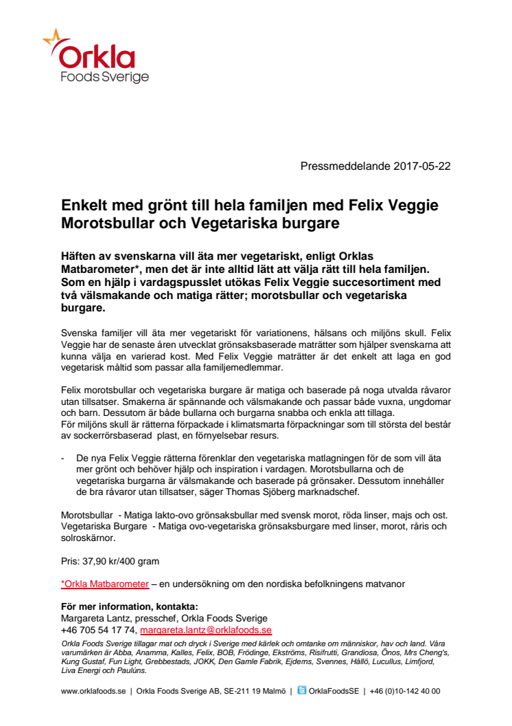 Enkelt med grönt till hela familjen med Felix Veggie Morotsbullar och Vegetariska burgare