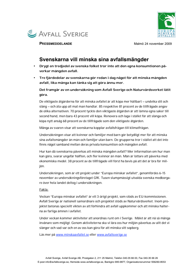 Svenskarna vill minska sina avfallsmängder