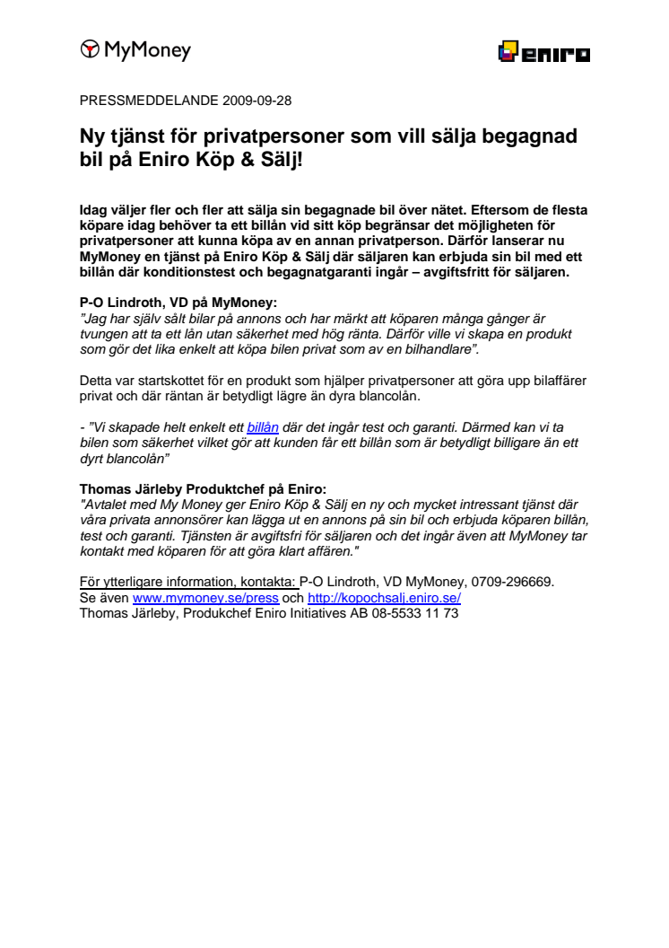 Ny tjänst för privatpersoner som vill sälja begagnad bil på Eniro Köp & Sälj!