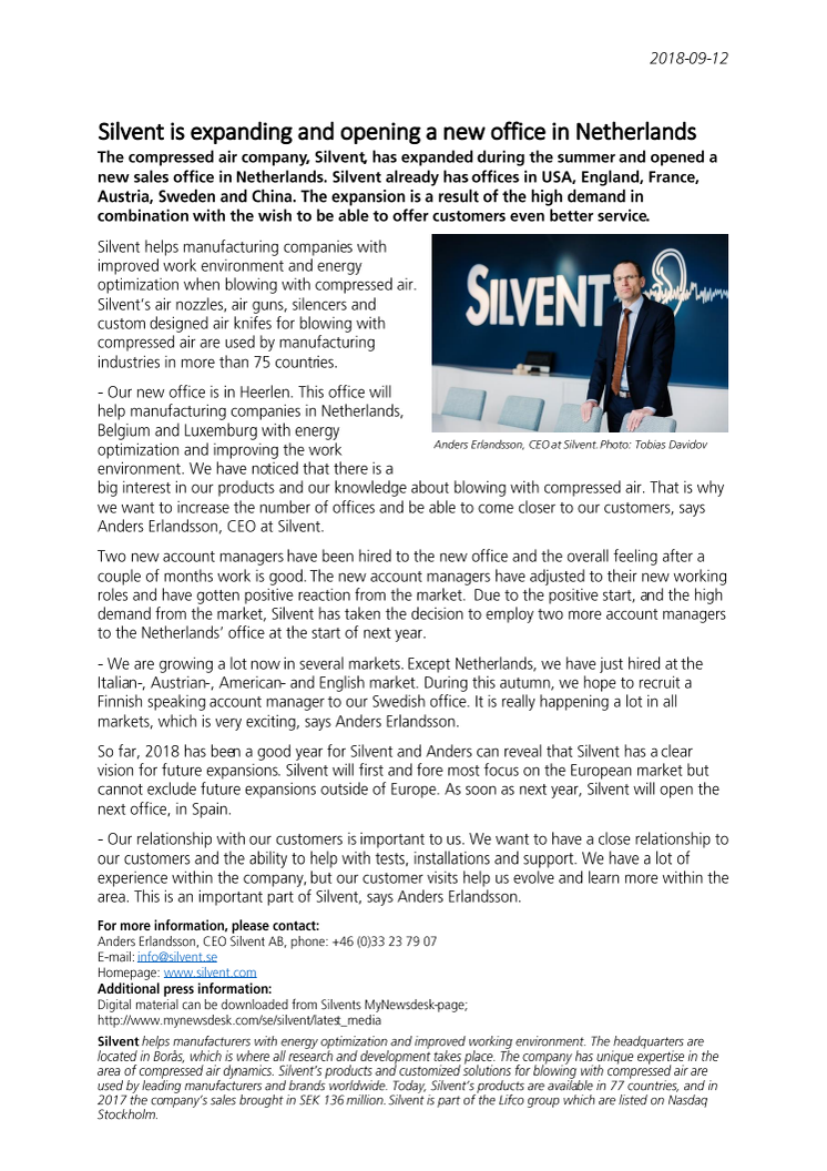 Silvent is expanding and opening a new office in Netherlands