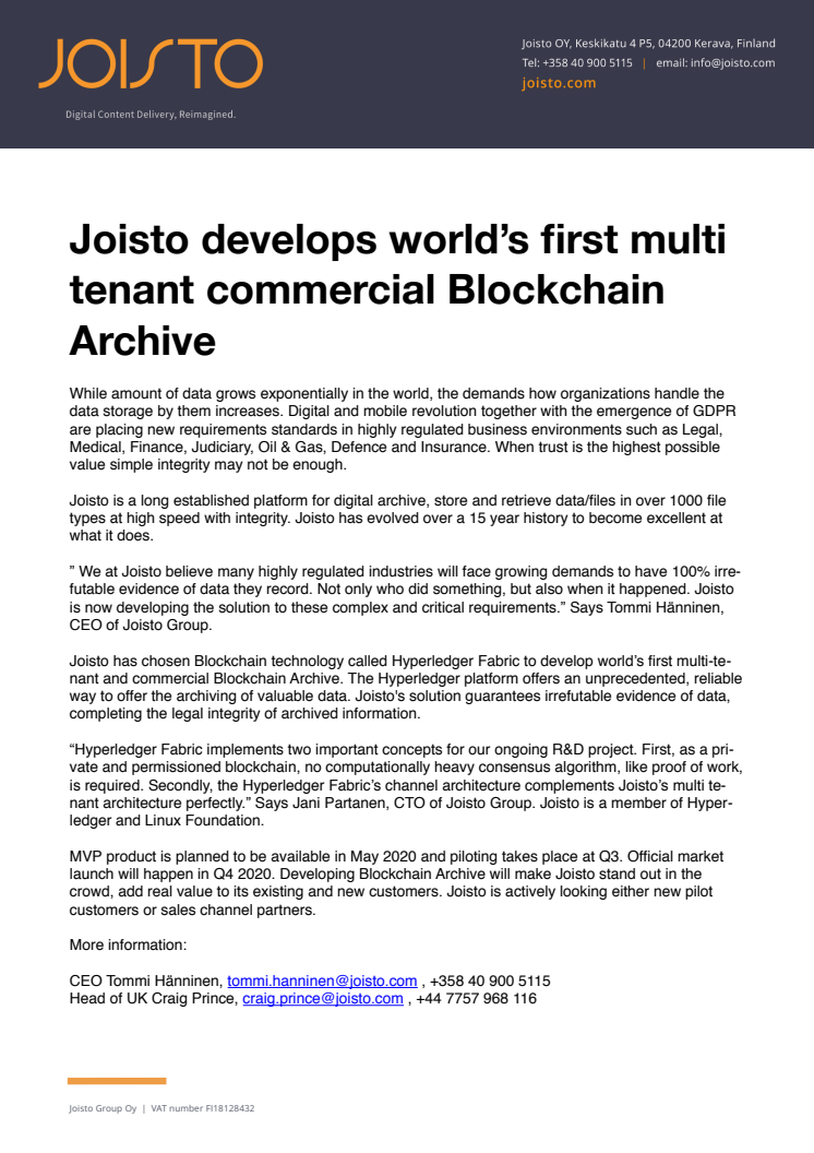 Joisto develops world's first multi tenant commercial Blockchain Archive 