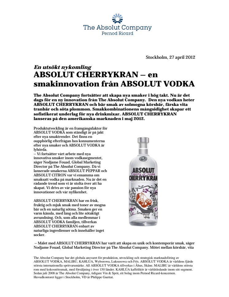 En utsökt nykomling: ABSOLUT CHERRYKRAN – en smakinnovation från ABSOLUT VODKA