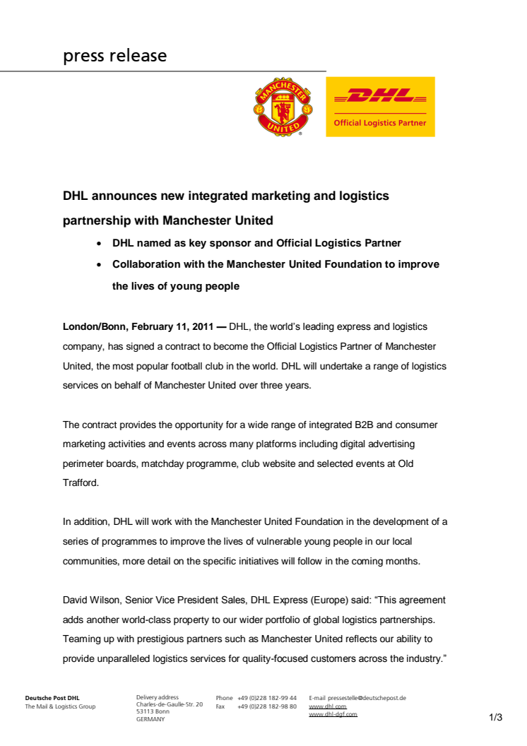 DHL indgår nyt integreret marketing og logistik partnerskab med Manchester United