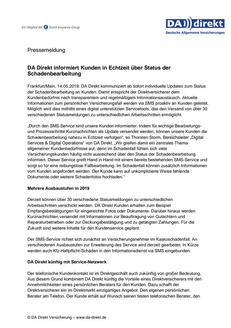 DA Direkt informiert Kunden in Echtzeit über Status der Schadenbearbeitung