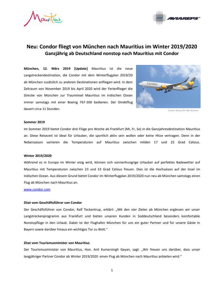 Pressemitteilung: Condor fliegt von München Nach Mauritius im Winter 19/20 - update