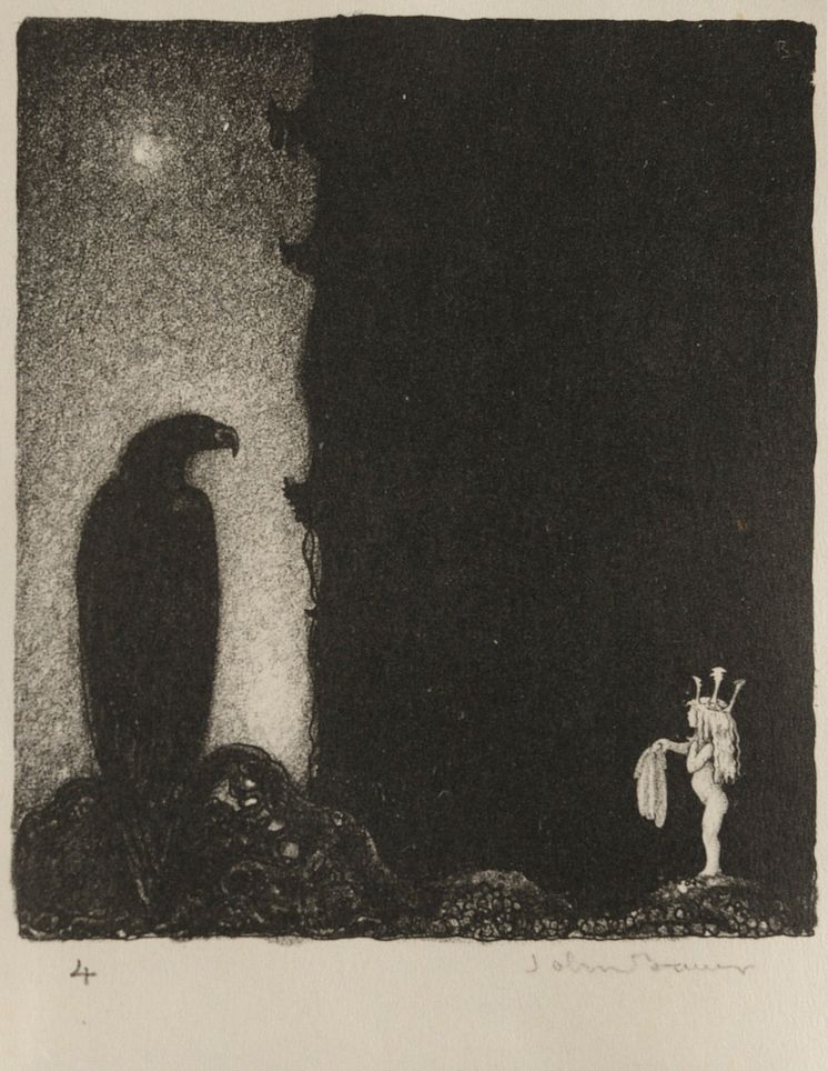 John Bauer, Här har du allt som återstår av mina kläder, 1915. Akvarell och gouach på papper 30 x 34 cm. 