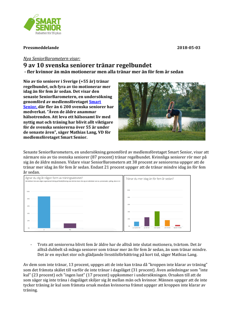 Nya SeniorBarometern visar: 9 av 10 svenska seniorer tränar regelbundet - fler kvinnor än män motionerar men alla tränar mer än för fem år sedan