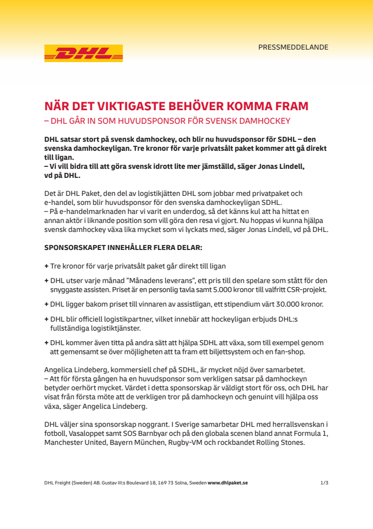 När det viktigaste behöver komma fram – DHL går in som huvudsponsor för svensk damhockey