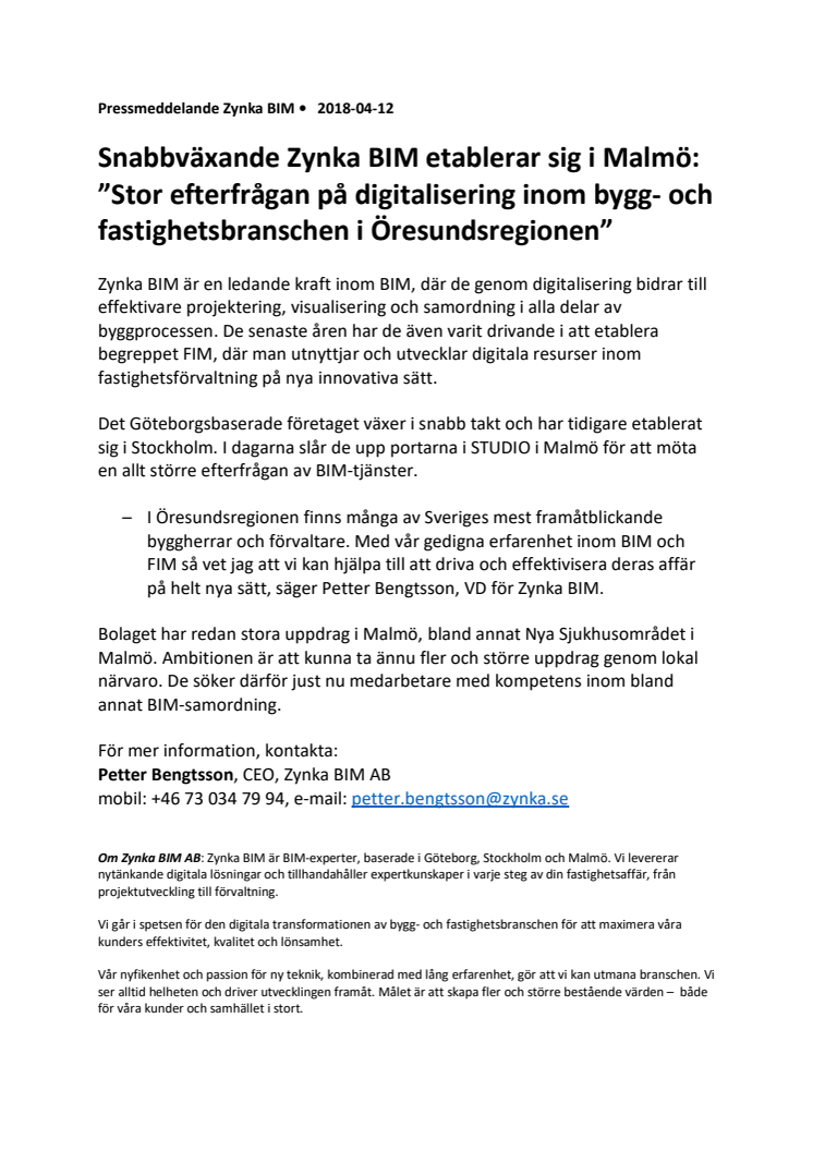 Snabbväxande Zynka BIM etablerar sig i Malmö: ”Stor efterfrågan på digitalisering inom bygg- och fastighetsbranschen i Öresundsregionen”