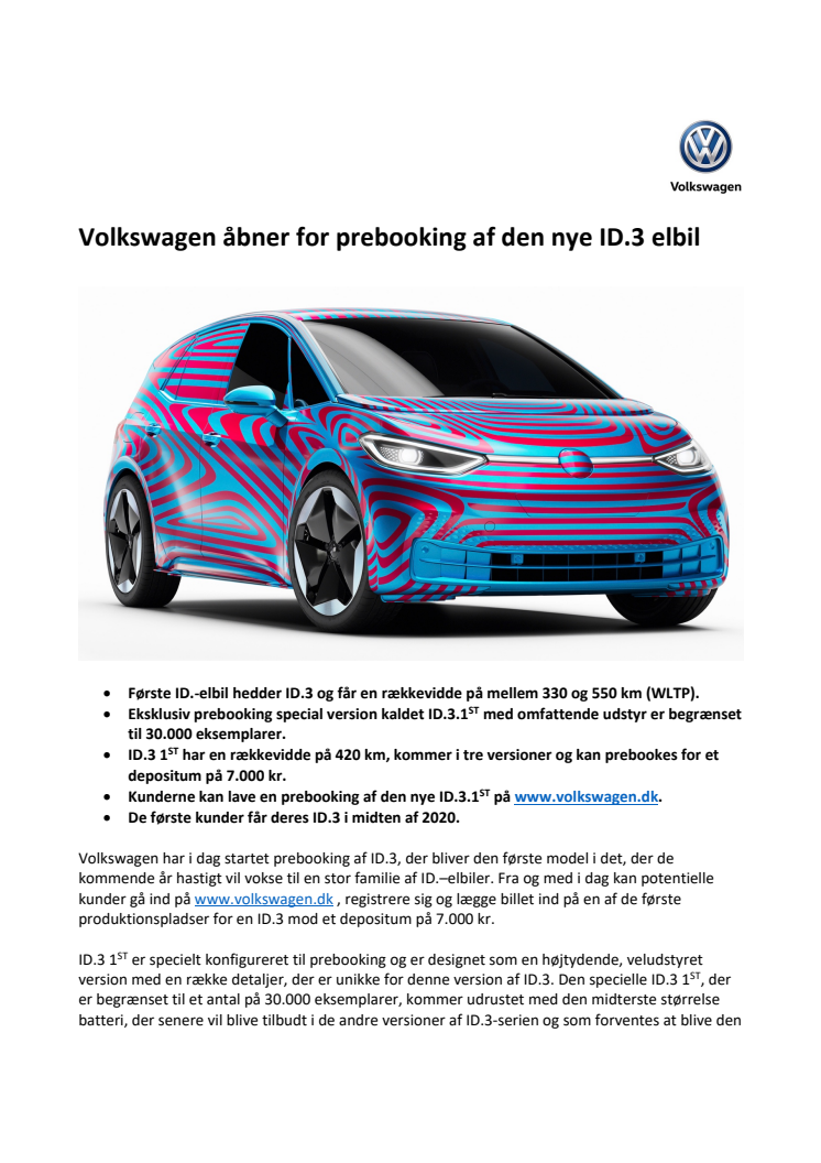 Volkswagen åbner for pre-booking af den nye ID.3 elbil