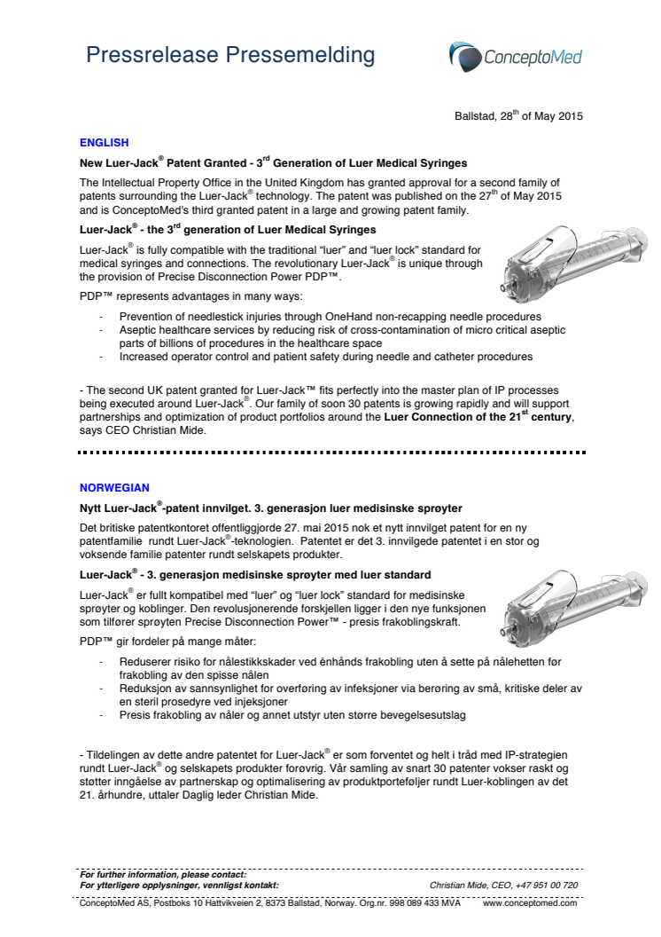 New Luer-Jack® Patent Granted - New Generation of Luer Medical Syringes