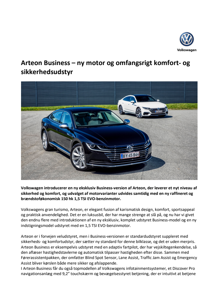 Arteon Business – ny motor og omfangsrigt komfort- og sikkerhedsudstyr