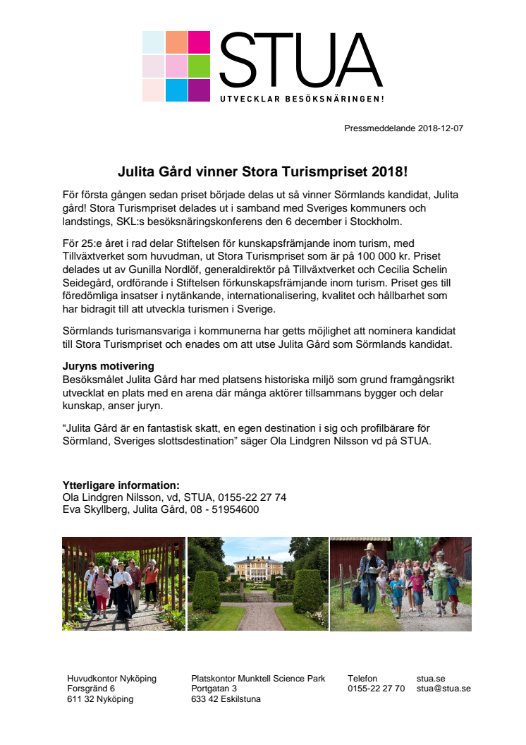 Julita Gård vinner Stora Turismpriset 2018!