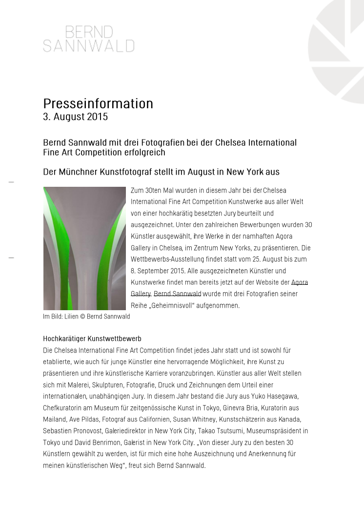 Bernd Sannwald bei der Chelsea International Fine Art Competition erfolgreich