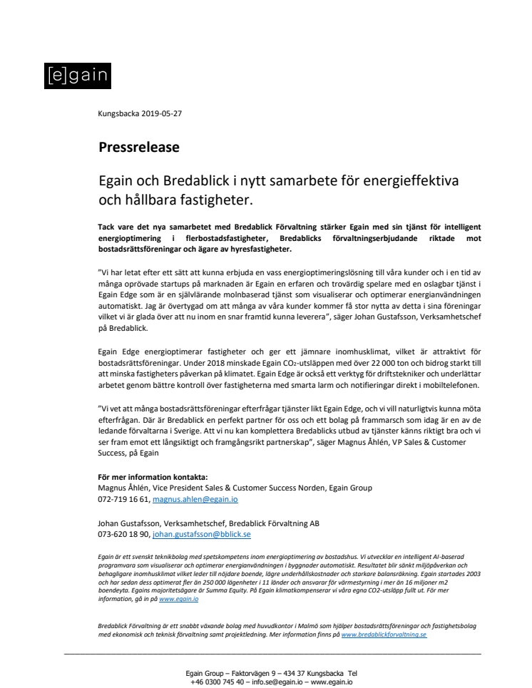 Egain och Bredablick i nytt samarbete för energieffektiva och hållbara fastigheter.