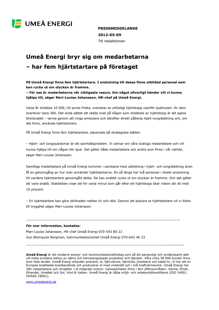 Umeå Energi bryr sig om medarbetarna  – har fem hjärtstartare på företaget