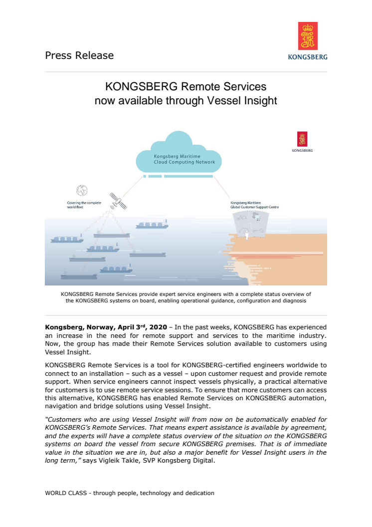 KONGSBERG Remote Services now available through Vessel Insight