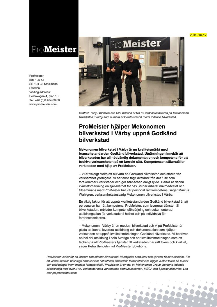 ProMeister hjälper Mekonomen i Vårby uppnå Godkänd bilverkstad 
