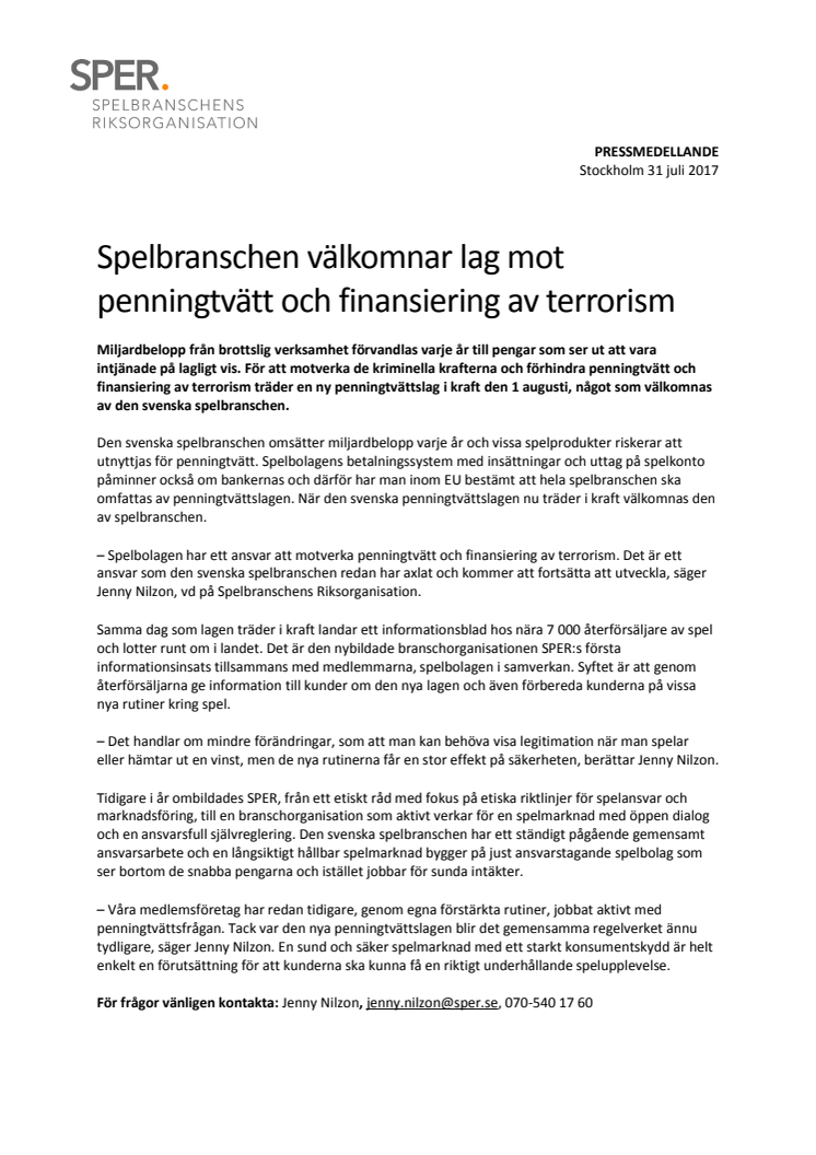 ​Den svenska spelbranschen välkomnar ny lag mot penningtvätt och finansiering av terrorism