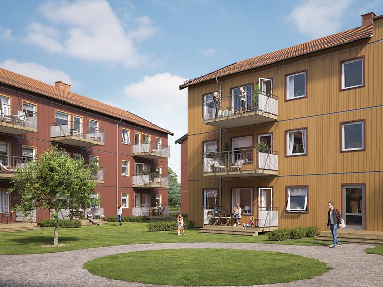 Illustration av gårdssida med balkong/altan med gräsplatt samt gemensamma grönytor, lägenheter i BoKlok Svärdet i Hemlingby. 
