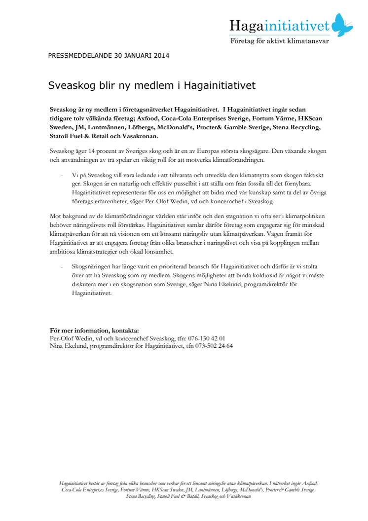Sveaskog blir ny medlem i Hagainitiativet