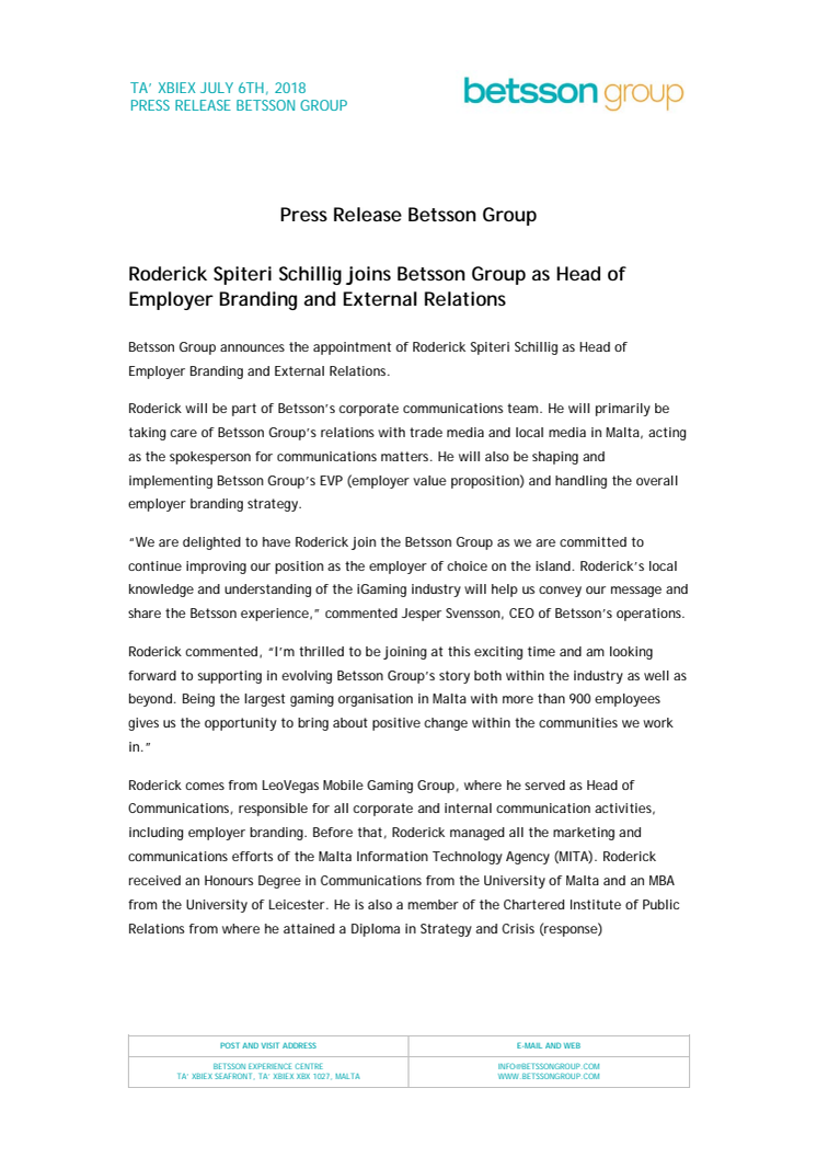 Roderick Spiteri Schillig joins Betsson Group as Head of Employer Branding and External Relations