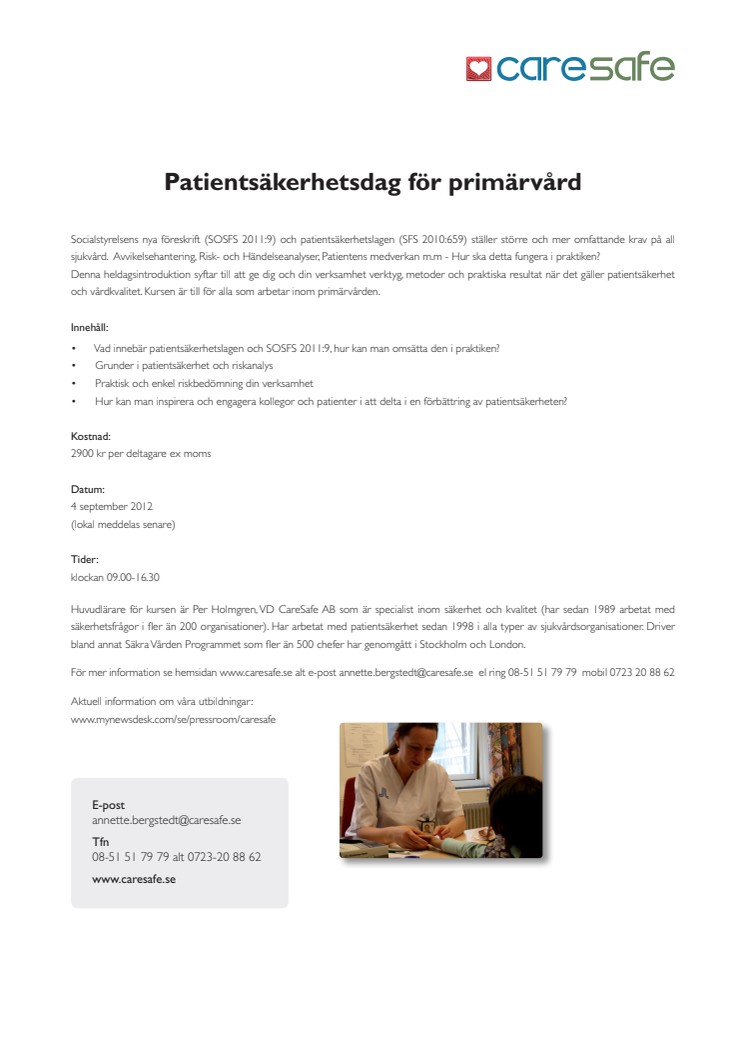 Patientsäkerhet inom primärvården den 4/9-12 i Stockholm