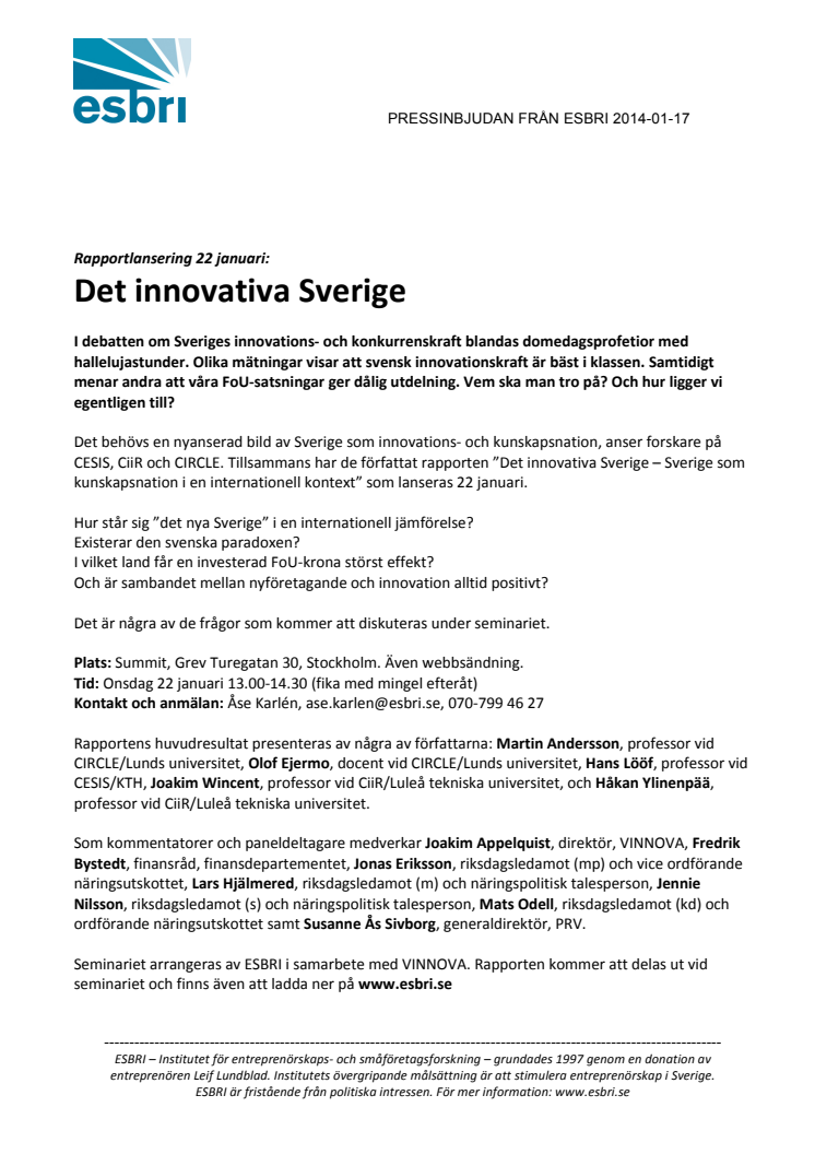 Ny rapport lanseras: "Det innovativa Sverige"