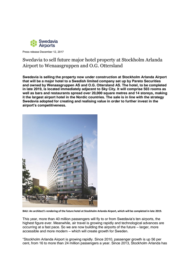 Swedavia to sell future major hotel property at Stockholm Arlanda Airport to Wenaasgruppen and O.G. Ottersland