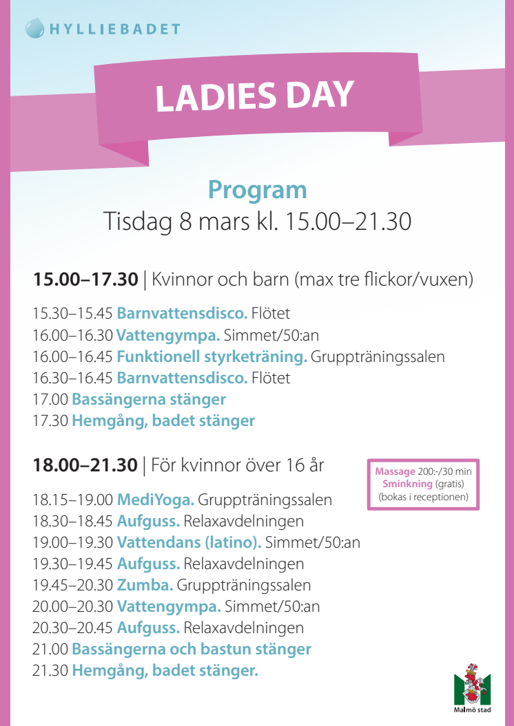 Program för Hylliebadets Ladies Day 8/3