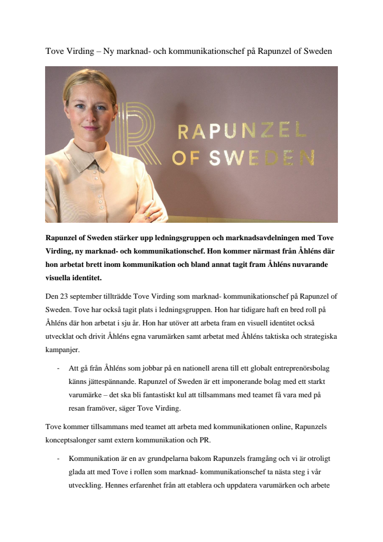 Tove Virding – Ny marknad- och kommunikationschef på Rapunzel of Sweden