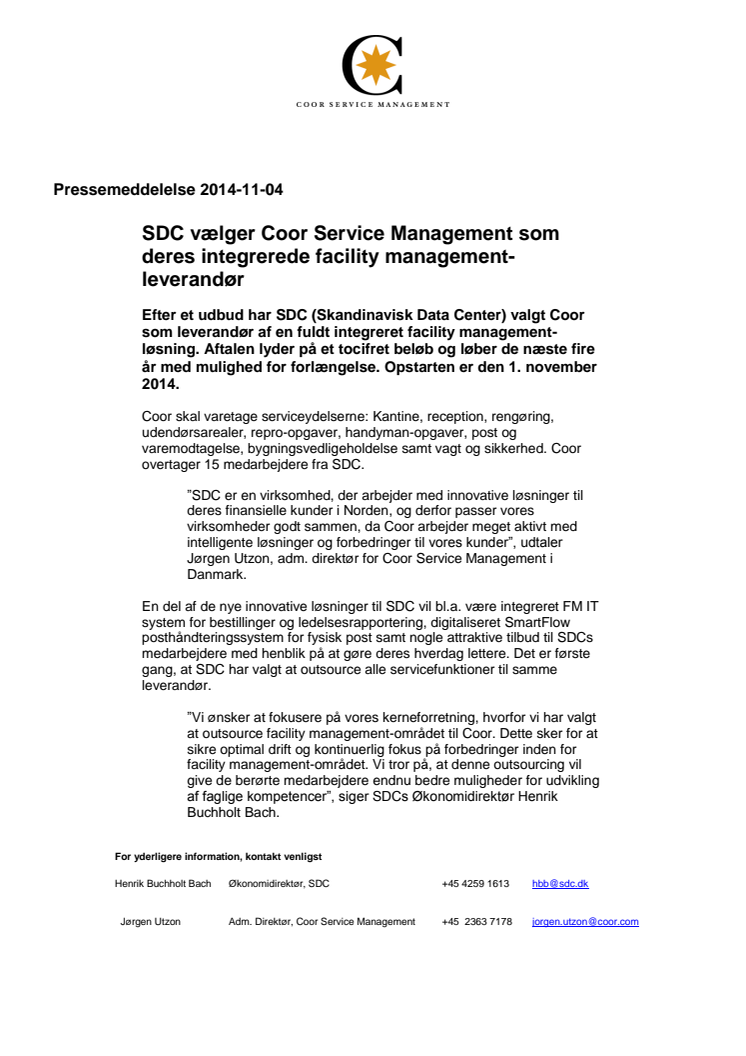 SDC vælger Coor Service Management som deres integrerede facility management-leverandør