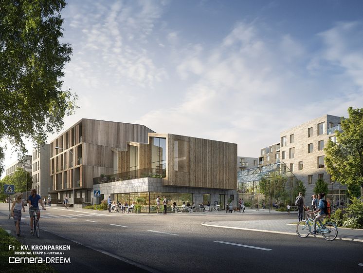 Vy över kvarteret Kronparken. Rosendal Uppsala, Dreem Arkitekter
