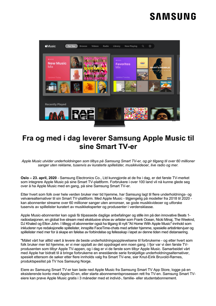 Fra og med i dag leverer Samsung Apple Music til sine Smart TV-er