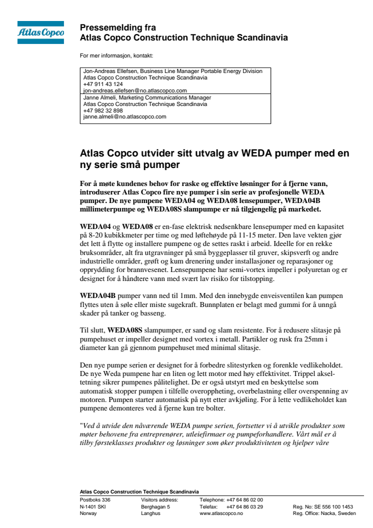 Atlas Copco utvider sitt utvalg av WEDA pumper med en ny serie små pumper