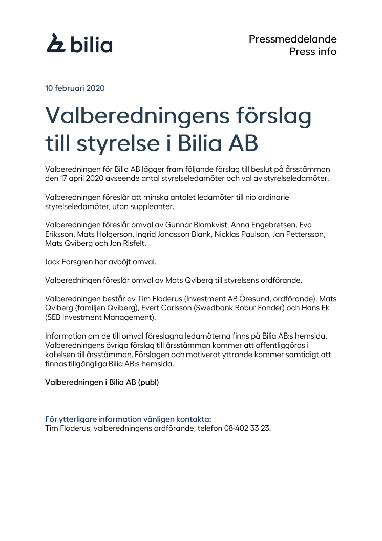 Valberedningens förslag till styrelse i Bilia AB