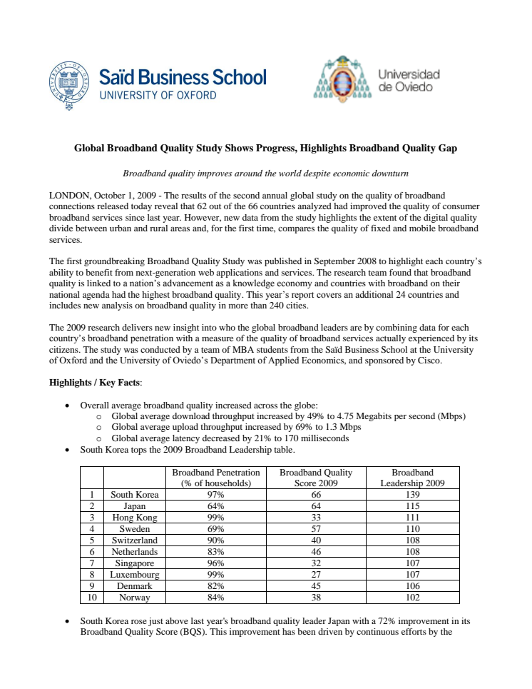 Broadband Quality Study 2009