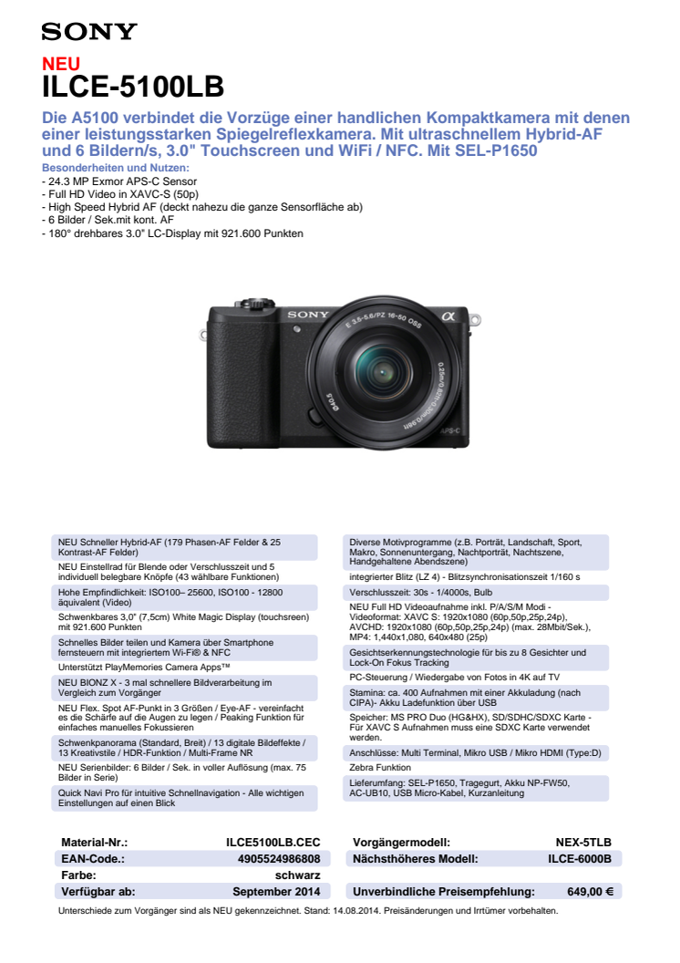 Datenblatt ILCE-5100LB von Sony