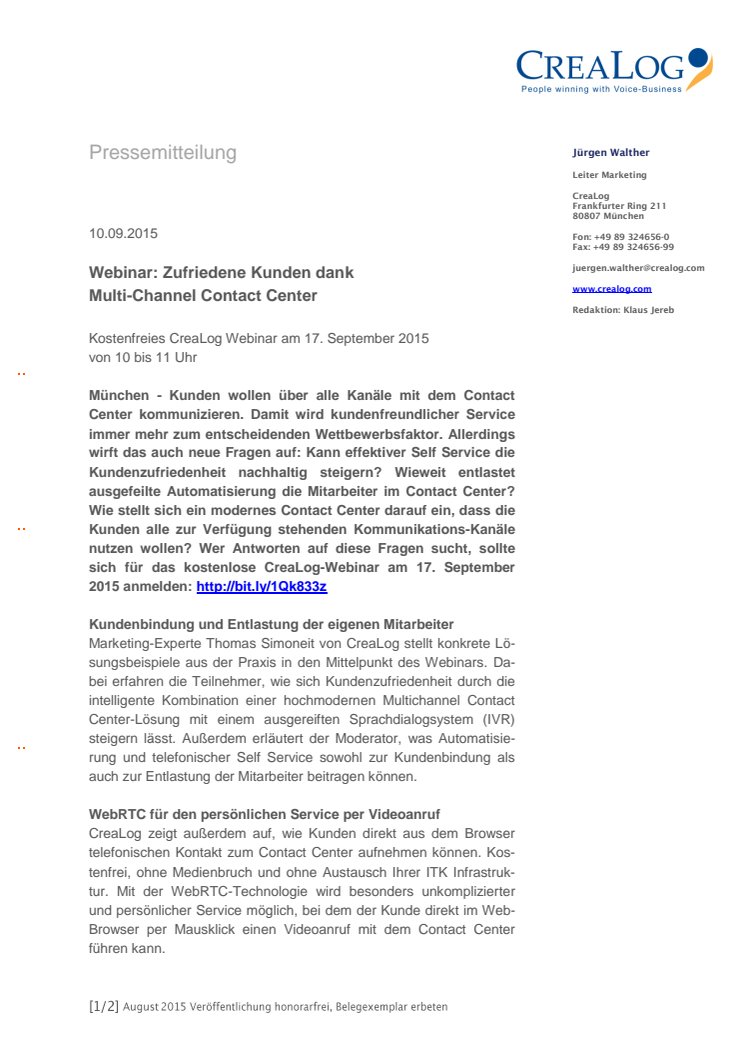 Kostenfreies CreaLog Webinar am 17. September 2015: Zufriedene Kunden dank Multi-Channel Contact Center