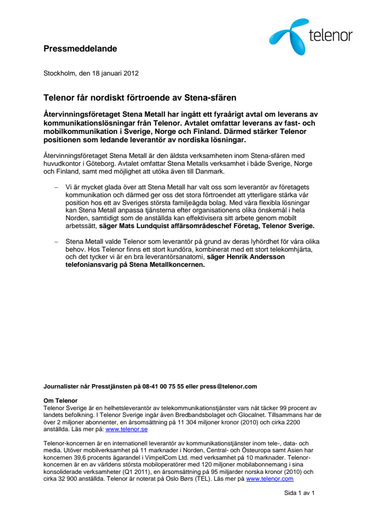 Telenor får nordiskt förtroende av Stena-sfären
