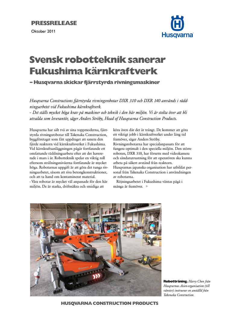 Svensk robotteknik sanerar Fukushima kärnkraftverk – Husqvarna skickar fjärrstyrda rivningsmaskiner